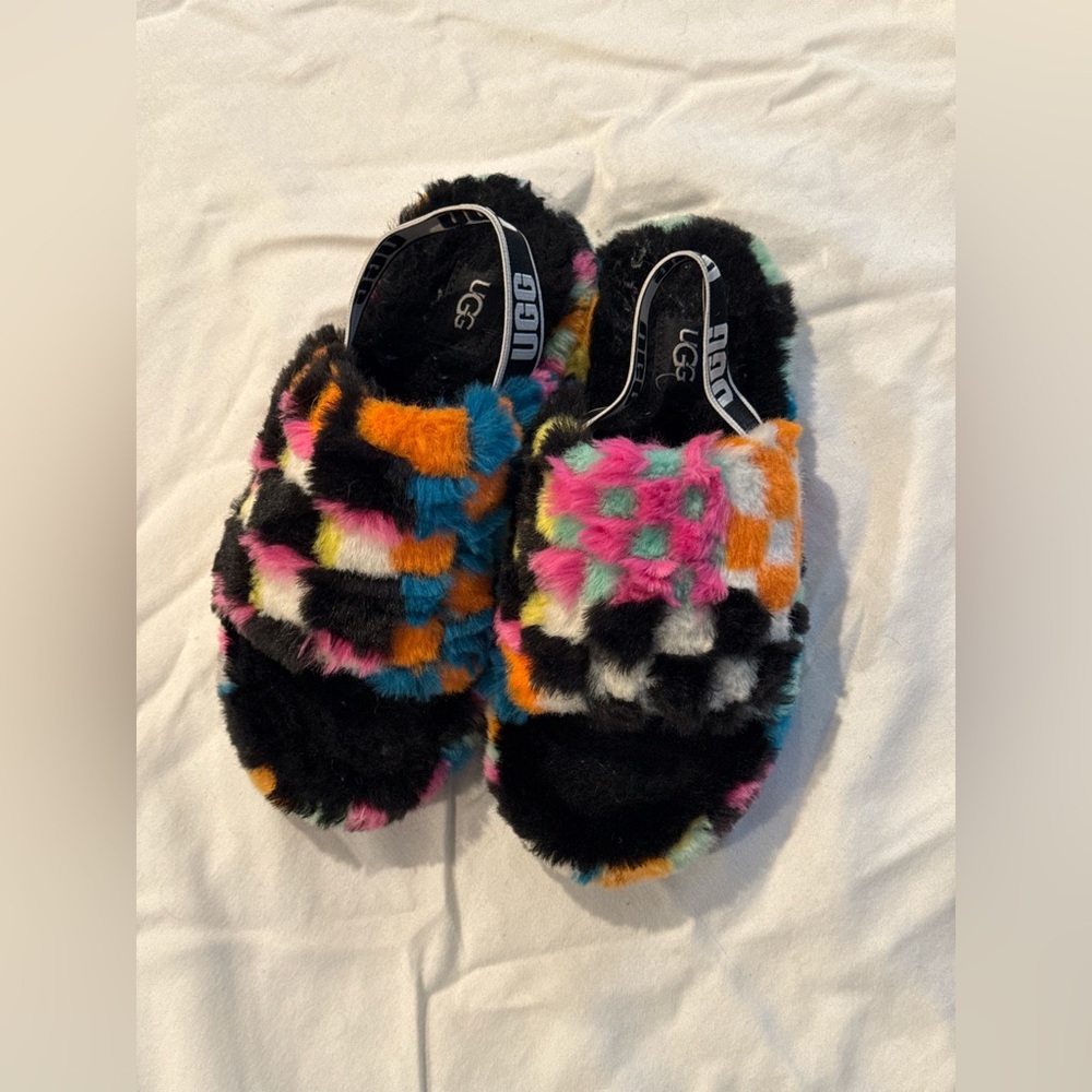 UGG Kids Multicolor Fuzzy Check Slide Sandals - Black, Pink, Orange, Blue, White